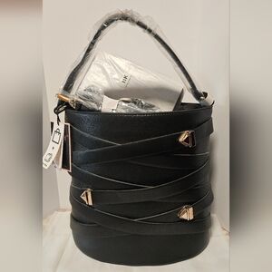 Diophy Black Bucket Bag with Gold Accents Includes Wallet And Long Strap